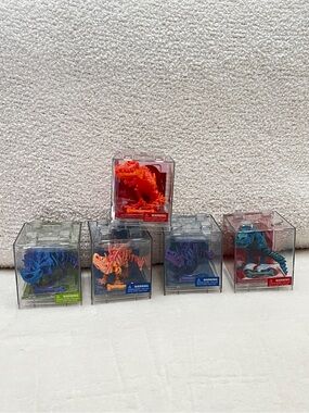Lot of 5 3-D Printed Dino Toys Miniature In Clear Cube Box Flexible Age 3+ JA-Ru